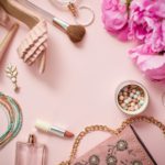 Fashion women stylish accessories outfit composition. Pink pastel background with copy mock up space